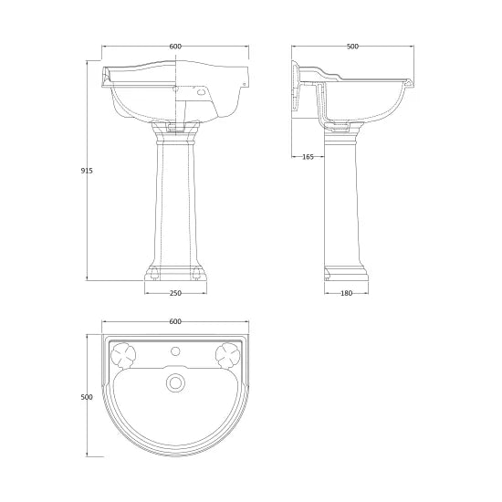 Hudson Reed Chancery Traditional 1TH Basin & Full Pedestal - Various Size