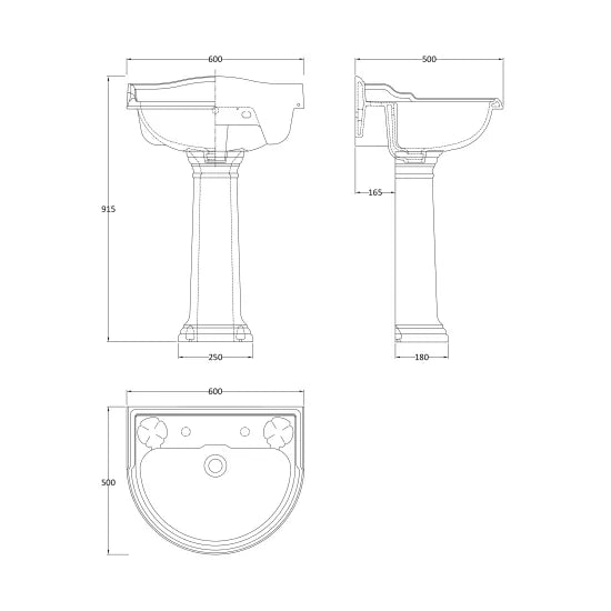 Hudson Reed Chancery Traditional 2TH Basin & Full Pedestal - Various Size