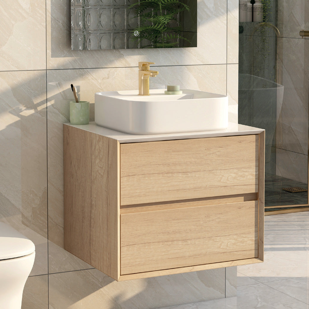 IMEX Grace 600mm Wall Hung Vanity Set - Natural Oak with Solid White Quartz Worktop