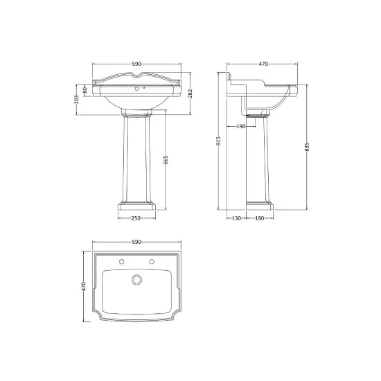 Nuie Legend 590mm Basin & Pedestal 2 Tap Hole
