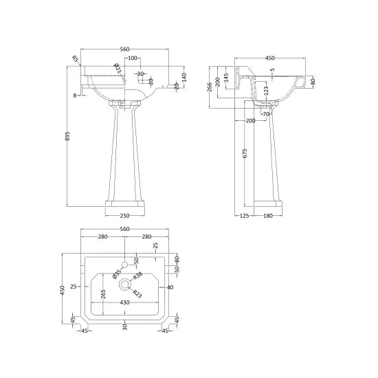 Hudson Reed Richmond Basin & Pedestal 1 Tap Hole - Various Sizes