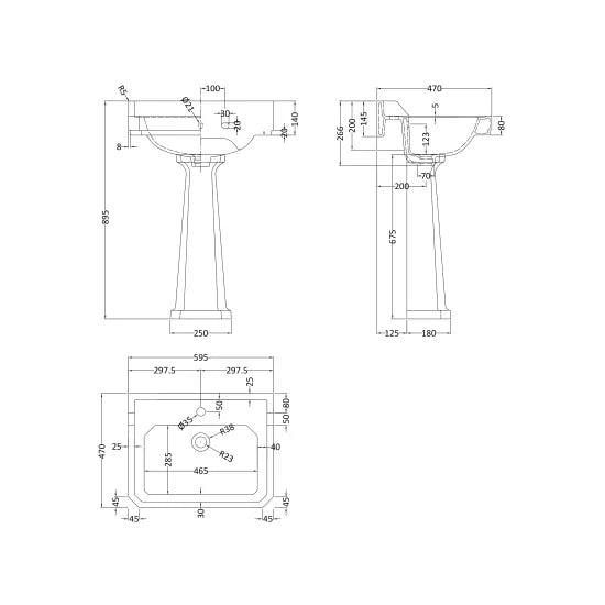Hudson Reed Richmond Basin & Pedestal 1 Tap Hole - Various Sizes