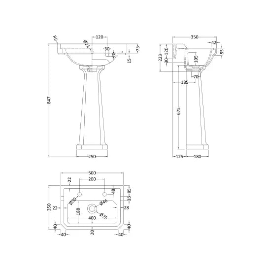 Hudson Reed Richmond Basin & Pedestal 2 Tap Hole - Various Sizes