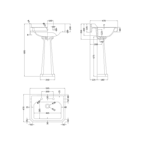 Hudson Reed Richmond Basin & Pedestal 2 Tap Hole - Various Sizes
