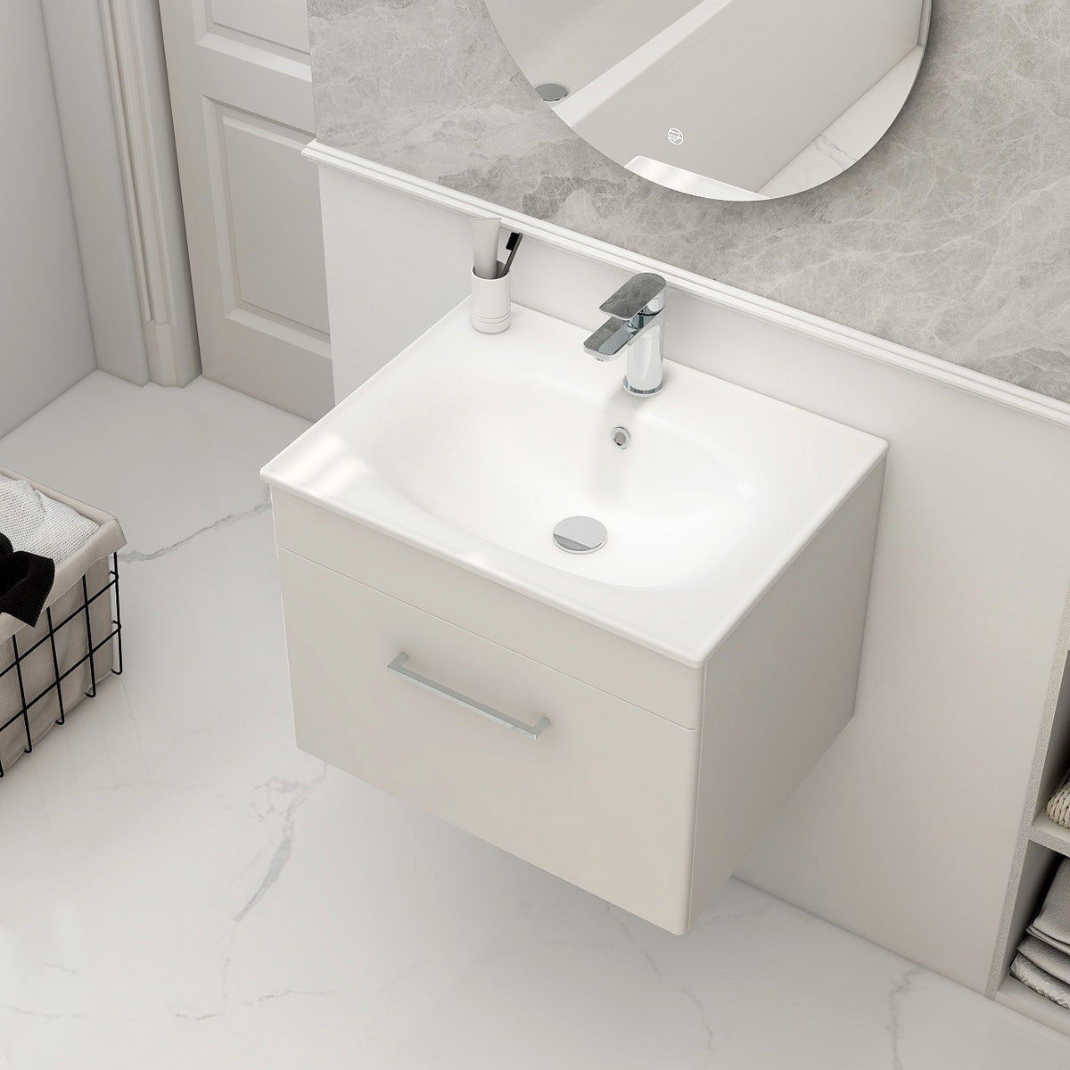 Imex Croma Wall Mounted Single Drawer 600mm Cabinet Matt white White Basin with One Tap Hole