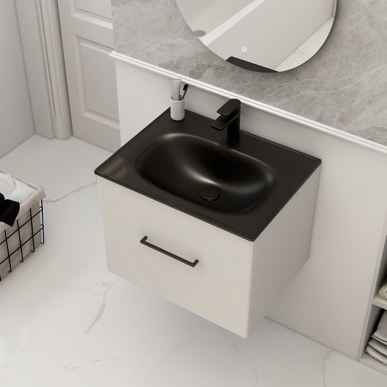 Imex Croma Wall Mounted Single Drawer 600mm Cabinet Matt white Black Basin with One Tap Hole
