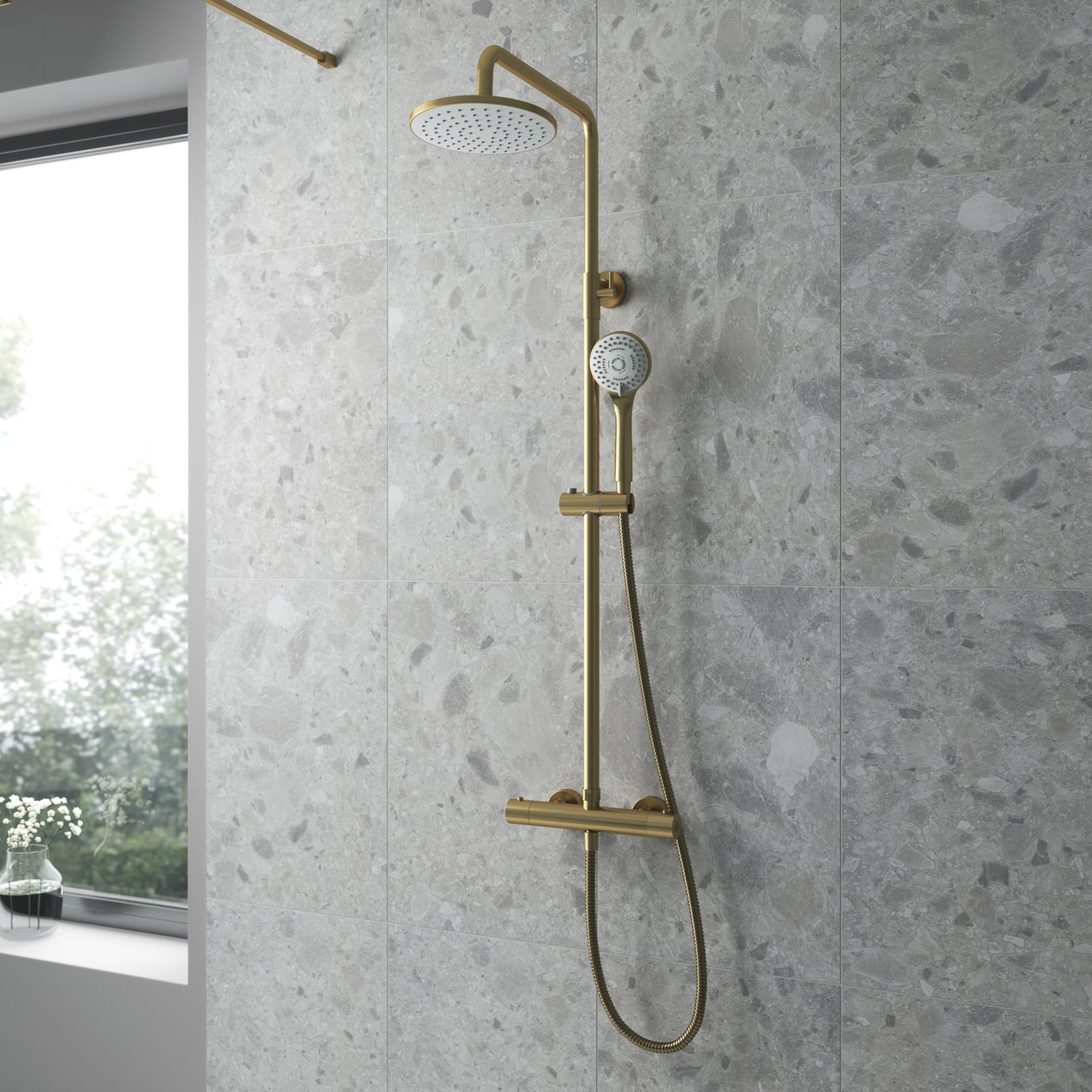 Brushed Brass Round Thermostatic Bar Shower