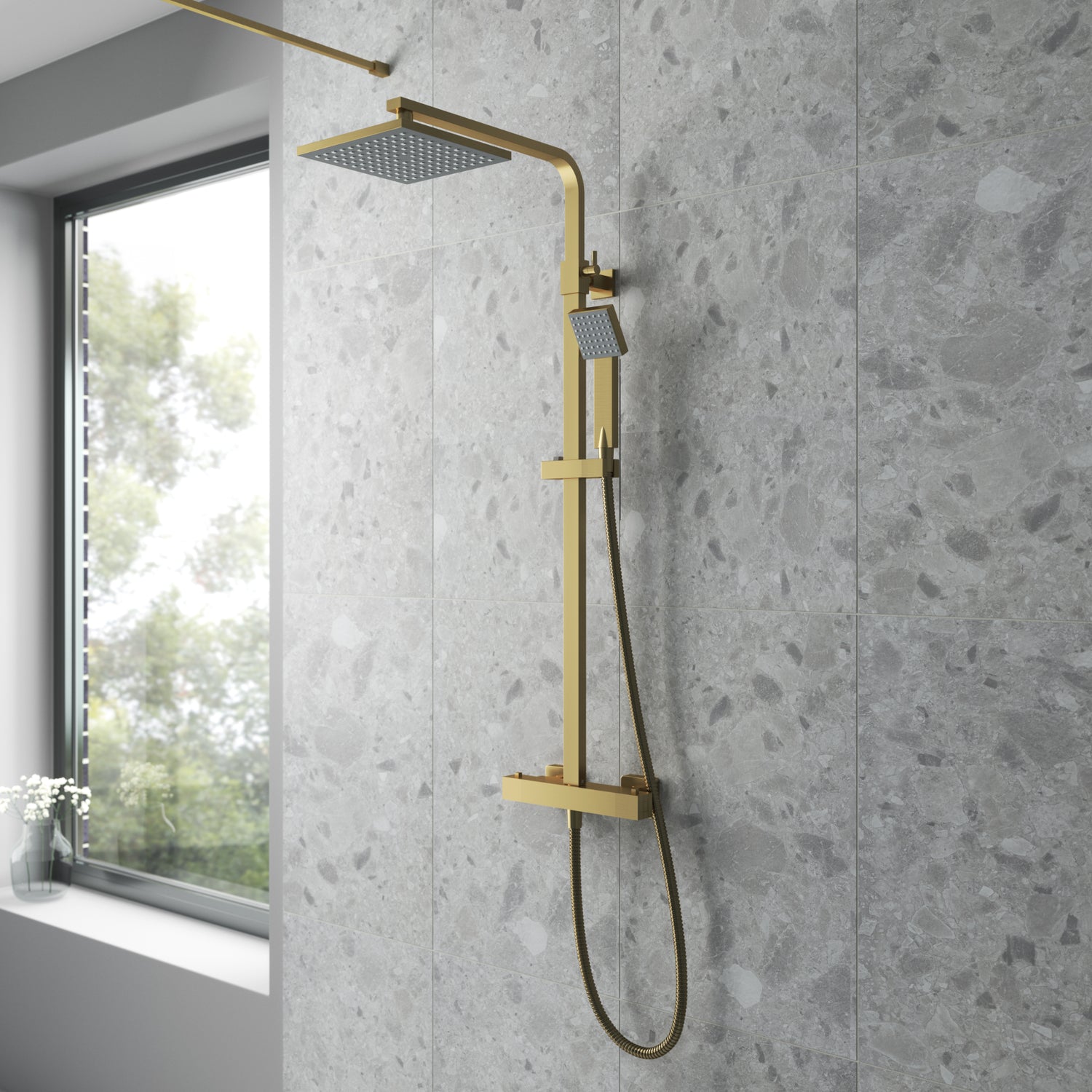 Brushed Brass Square Thermostatic Bar Shower